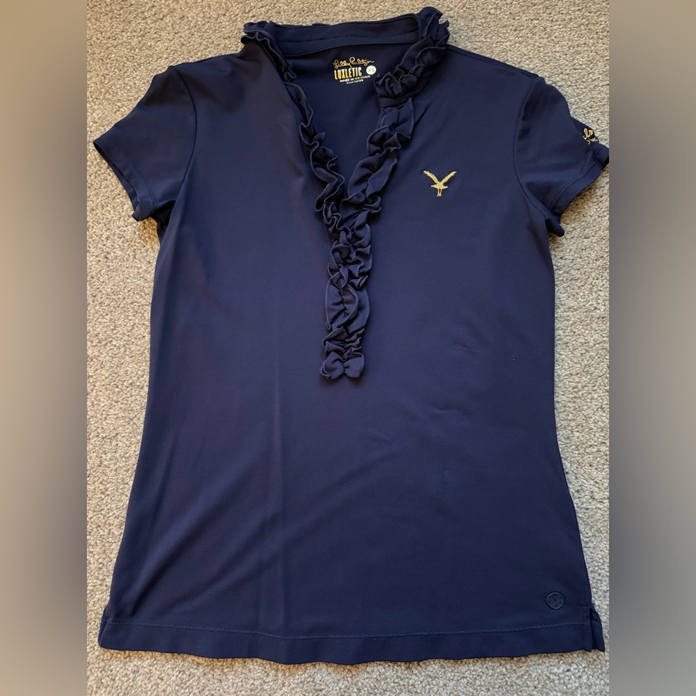 Lilly Pulitzer luxletic Sandals Resorts Exuma Bahamas navy polo shirt golf
